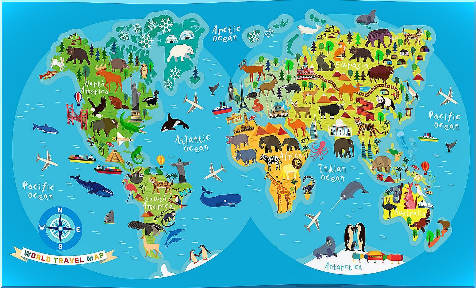 Children's world map with animals and outstanding monuments.